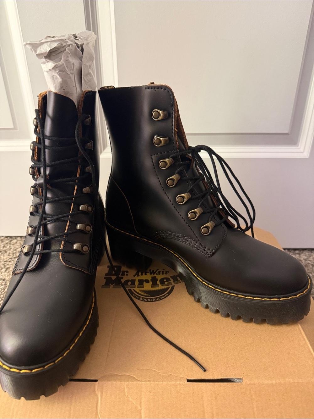 Dr. Martens Leona Vintage Smooth Black Lace-Up Platform with Yellow Stitching - Picture 7 of 9